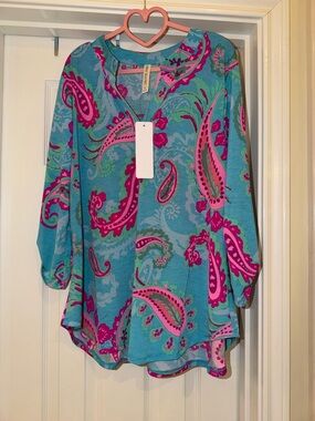 Turquoise & Pink Paisley V-Neck Blouse
